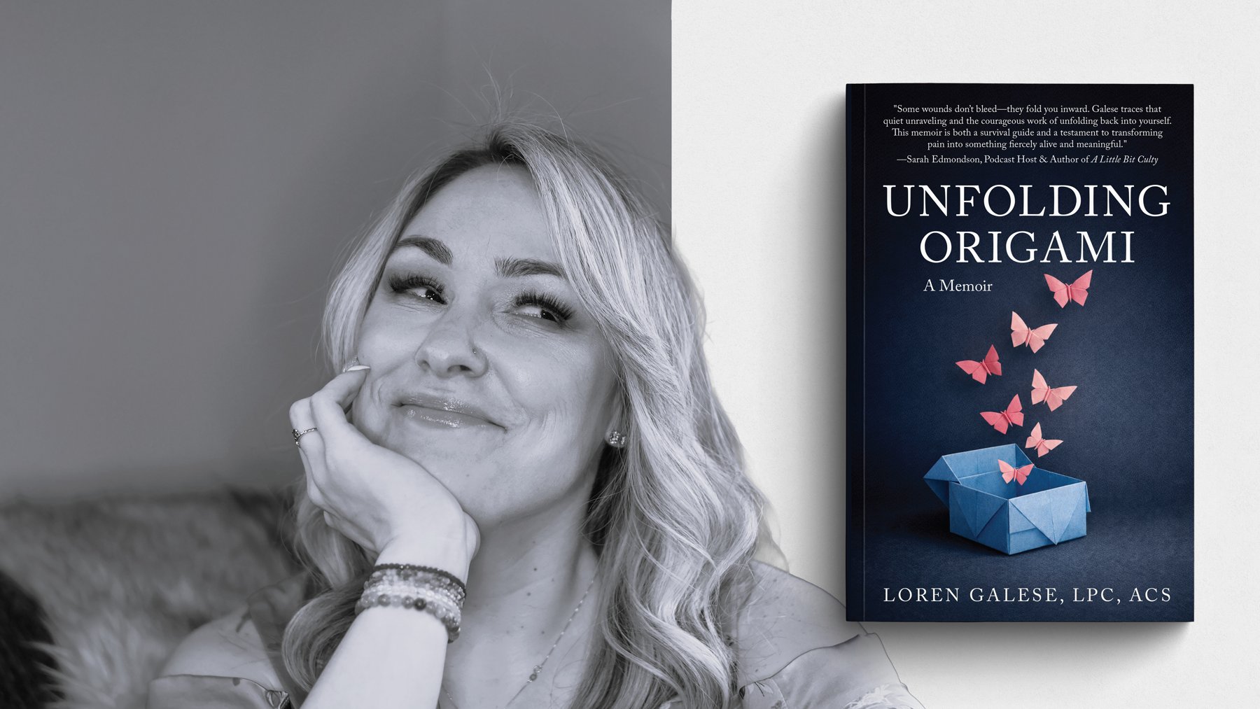 Loren Galese’s black-and-white author portrait beside the cover of Unfolding Origami: A Memoir