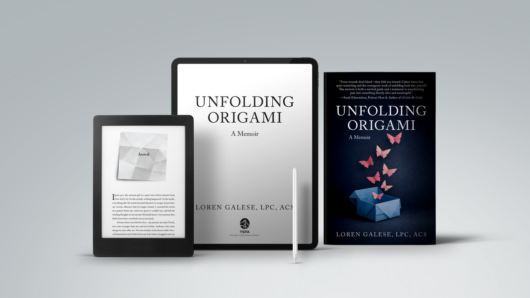 Unfolding Origami book alongside a tablet and e-reader